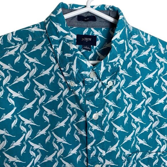 J Crew Shirt Mens L Blue Button Down Slim Fit Hawaiian Casual Birds Beach Preppy - Picture 6 of 11